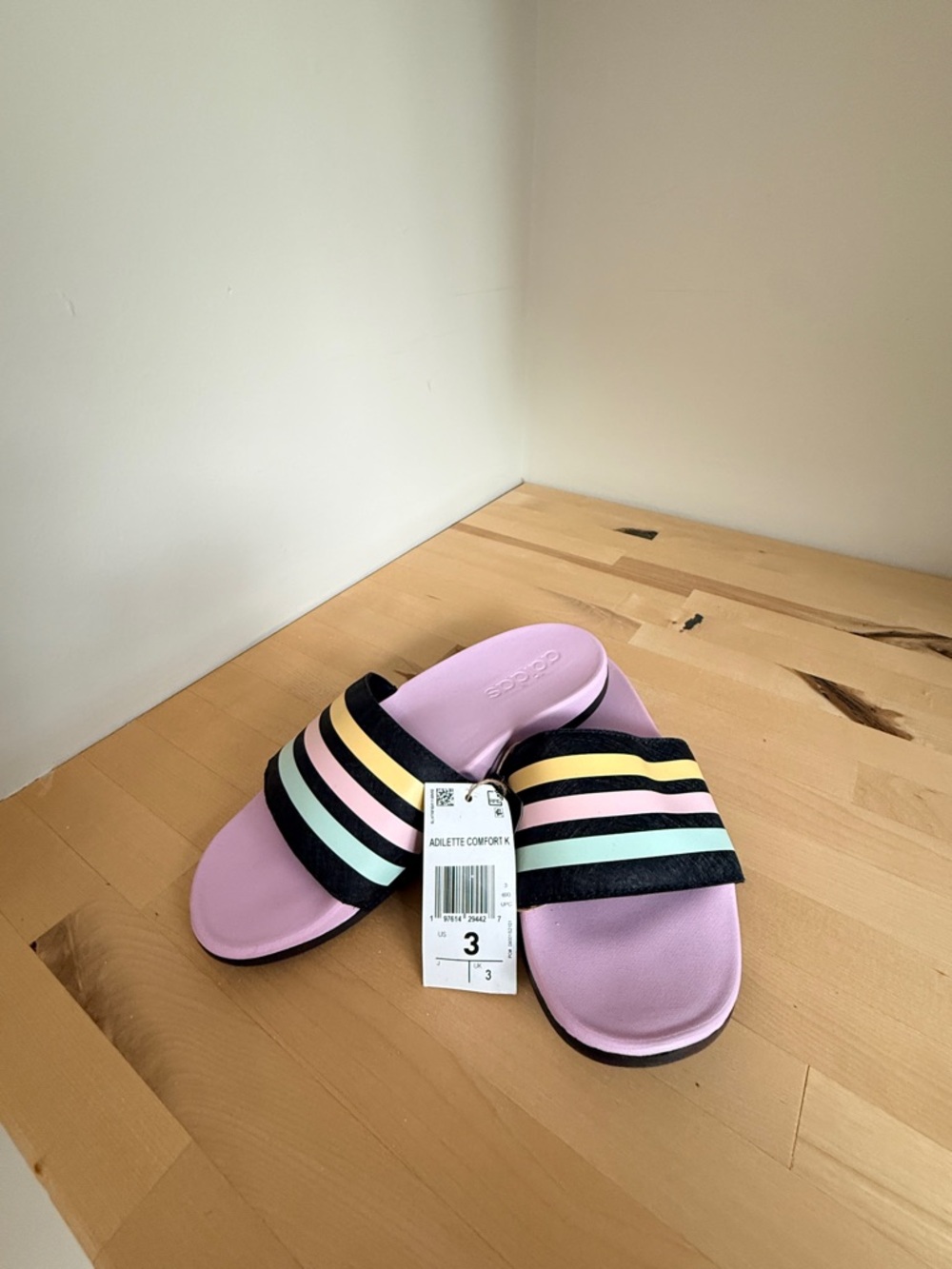 Adidas Adilette Comfort Slide - Pastel Pink with Multicolor Stripes
